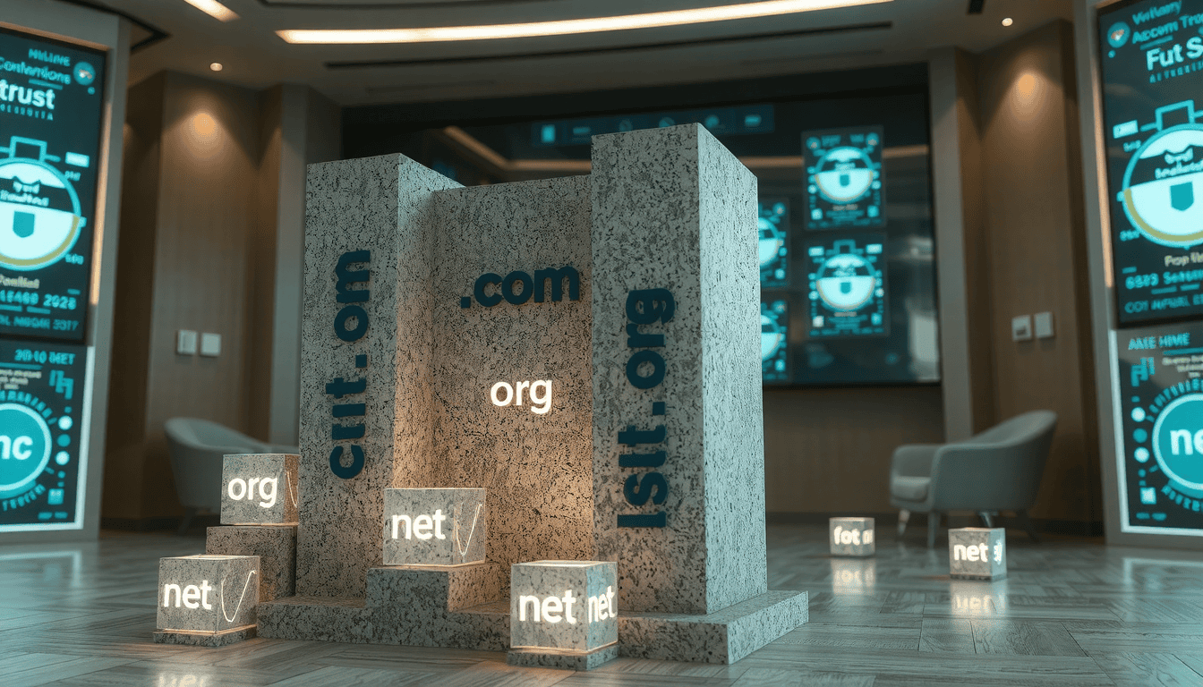 Classic domain extensions .com, .org, .net displayed as top choices for best domain extensions 2026