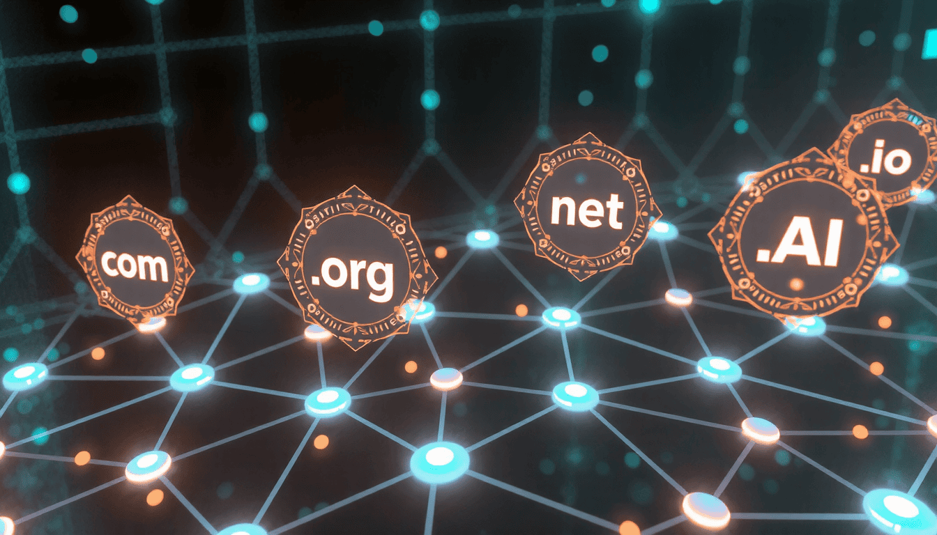 Top domain extensions for 2026 displayed in colorful grid showing .com, .org, .net options