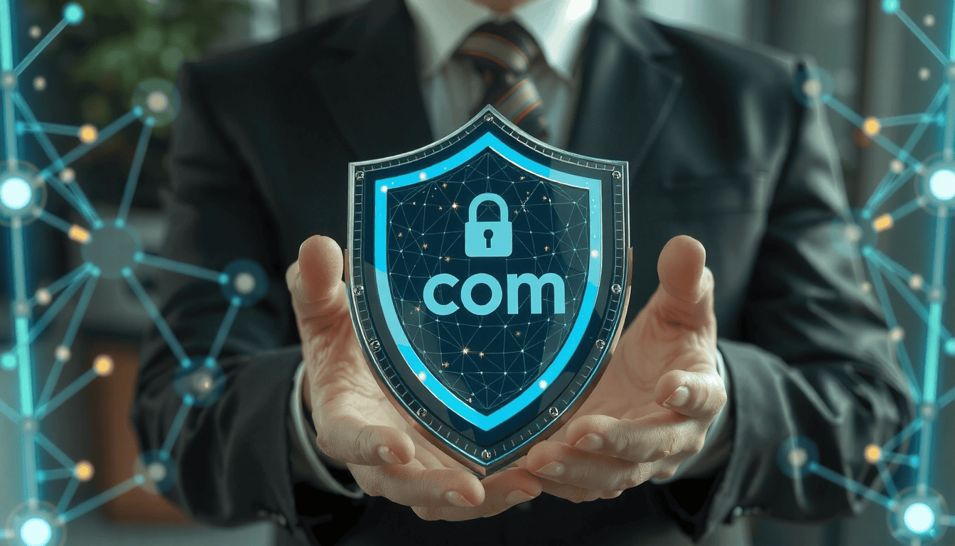 Business professional securing brand domain name protection on laptop computer screen