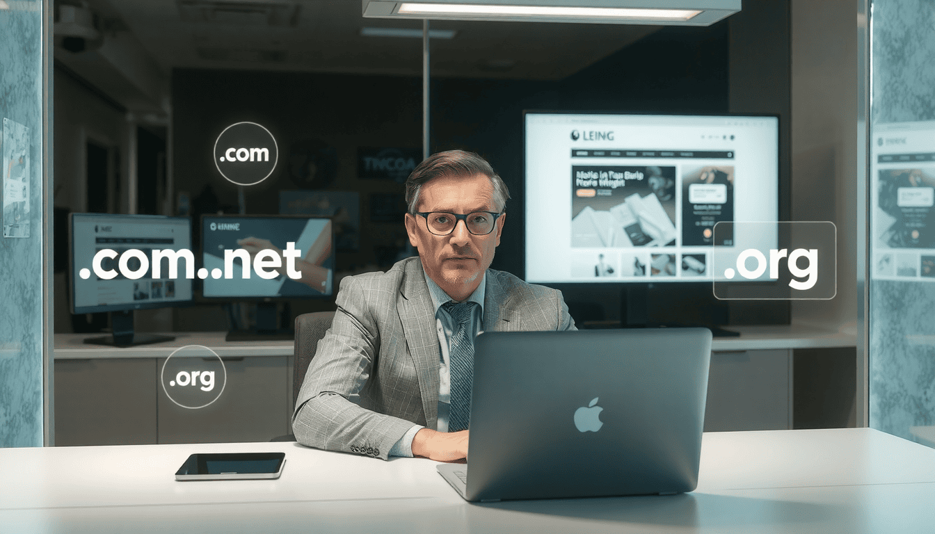 Business owner typing domain name ideas on laptop while choosing perfect website address