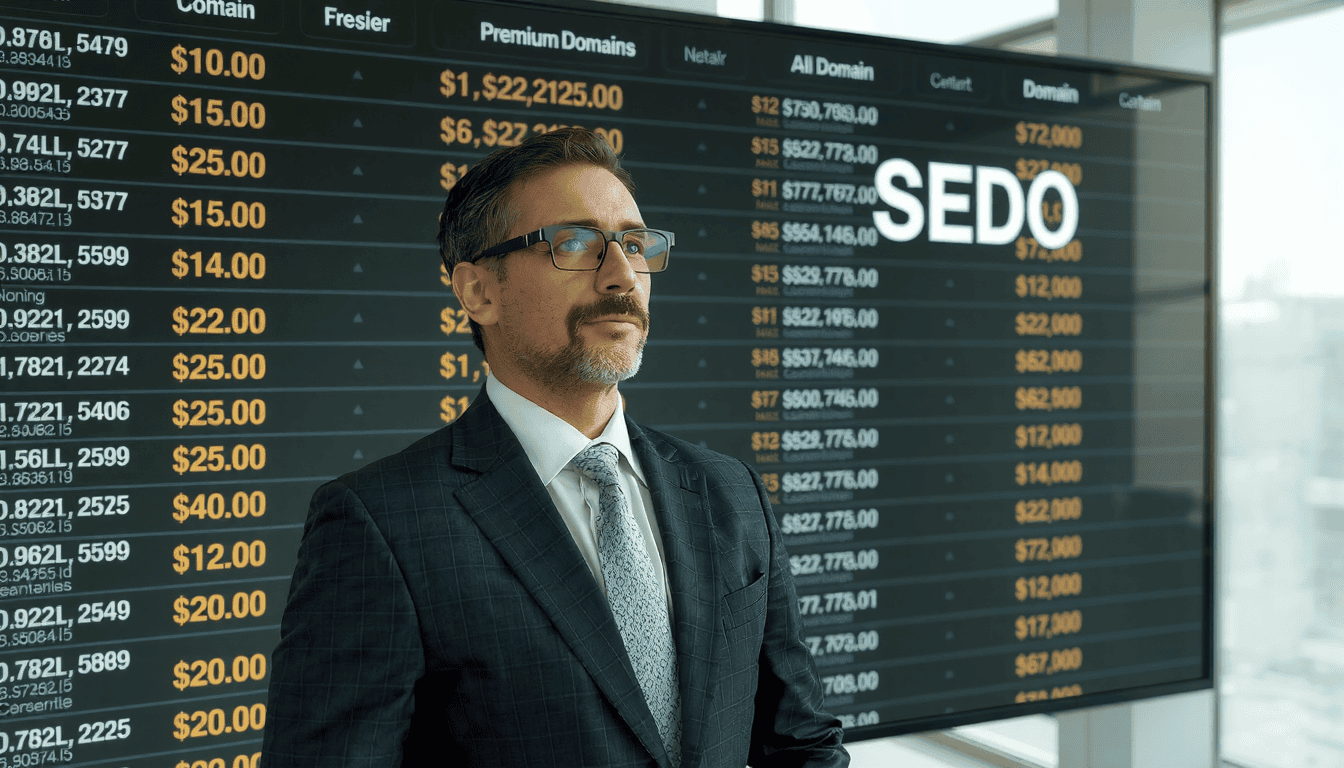 Business owner researching domain marketplace options for choosing perfect company website name