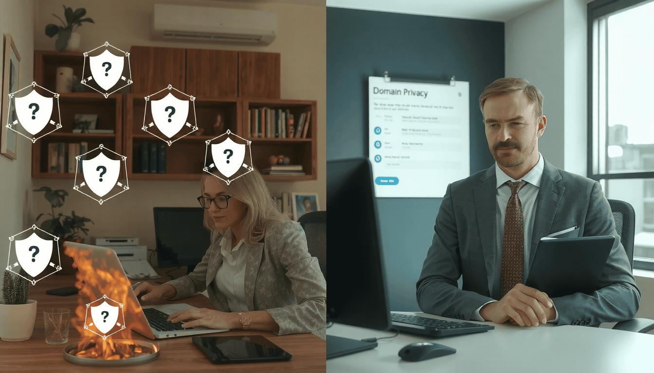 Person protecting personal information while registering domain, illustrating WHOIS privacy protection benefits.